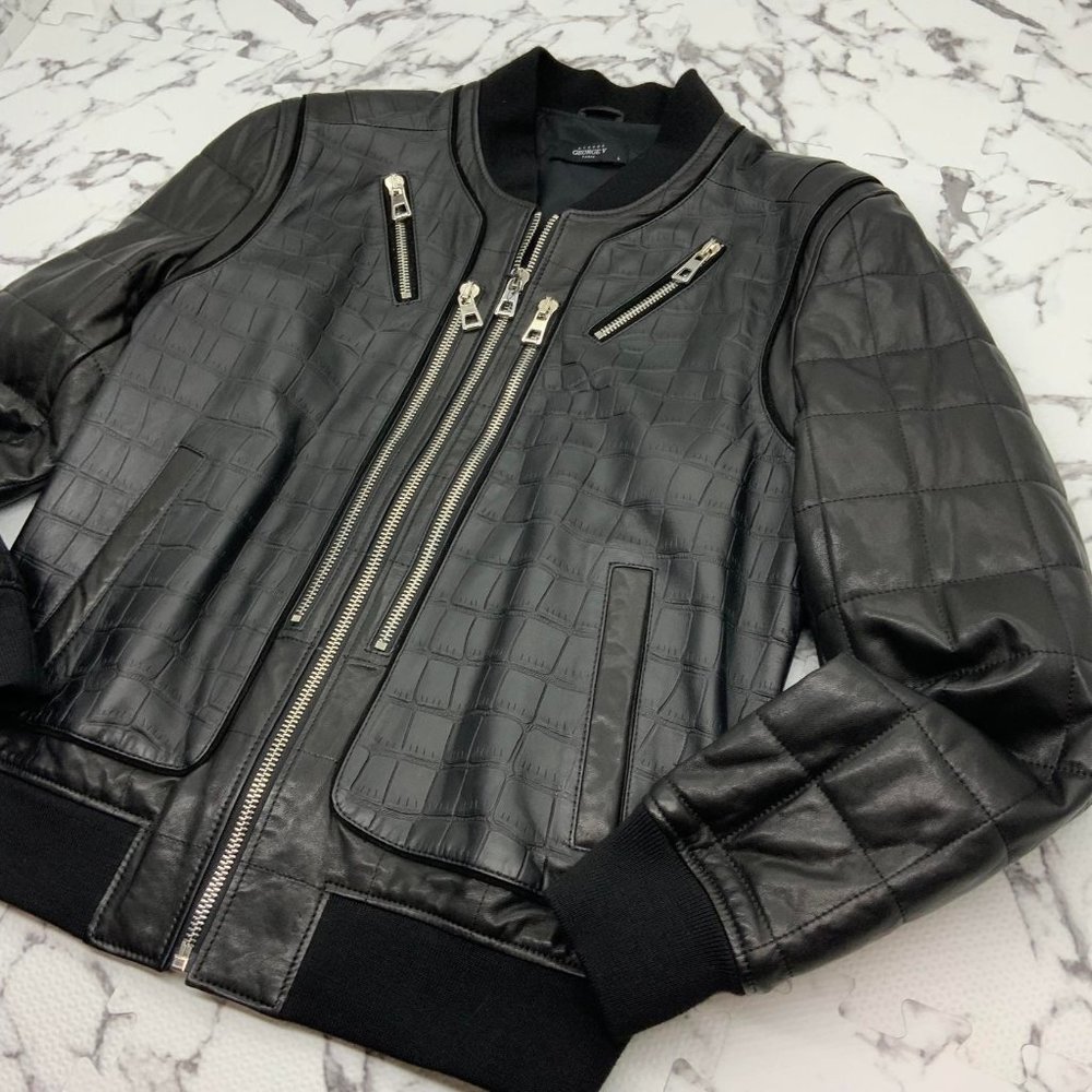 Men's Black Silver Motorcycle Lambskin Genuine Leather Jacket